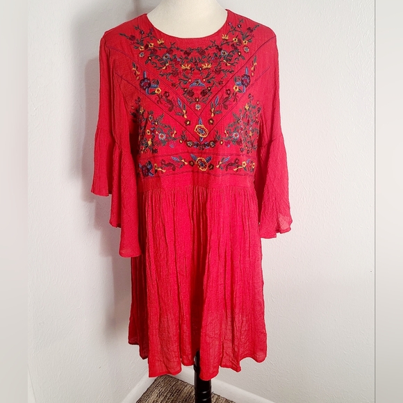 Umgee Dresses & Skirts - Umgee Red Embroidered Babydoll Bliss Bohemian Dress with Bell Sleeves Size Large